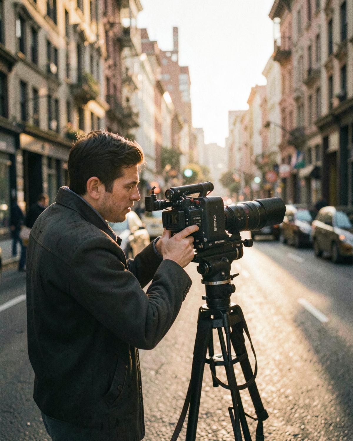 Producer filming on a cinema camera in the street