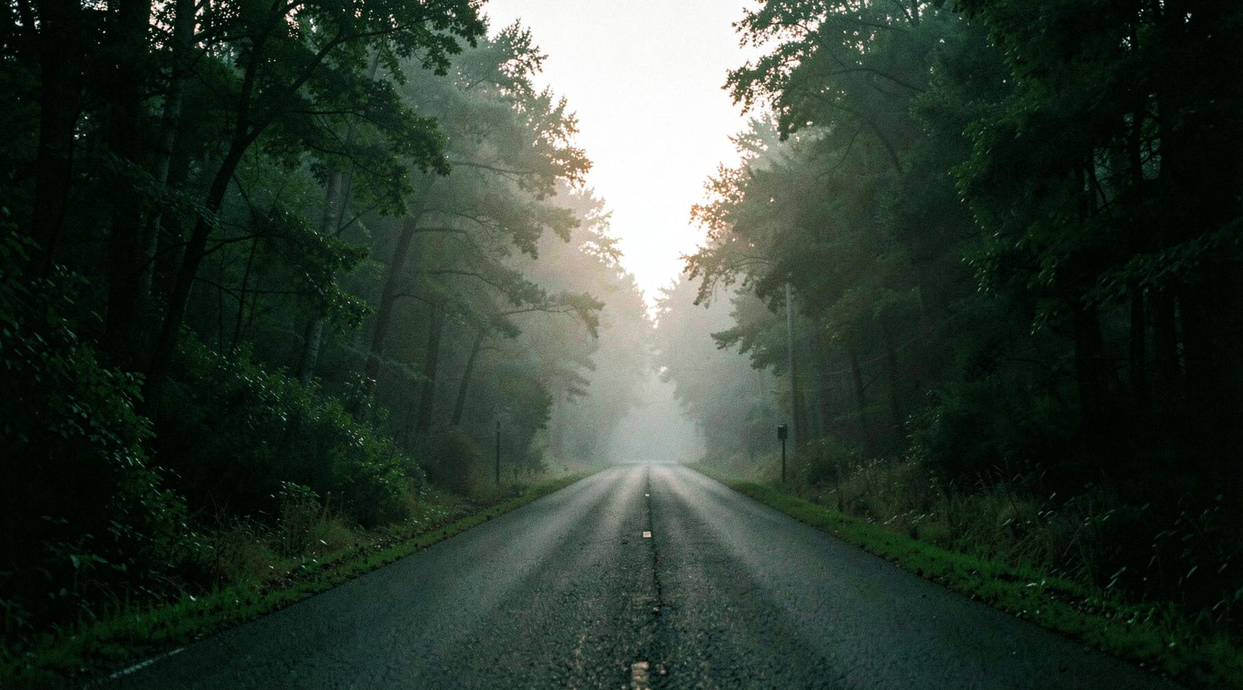 Wide cinematic frame of a forest road at dawn